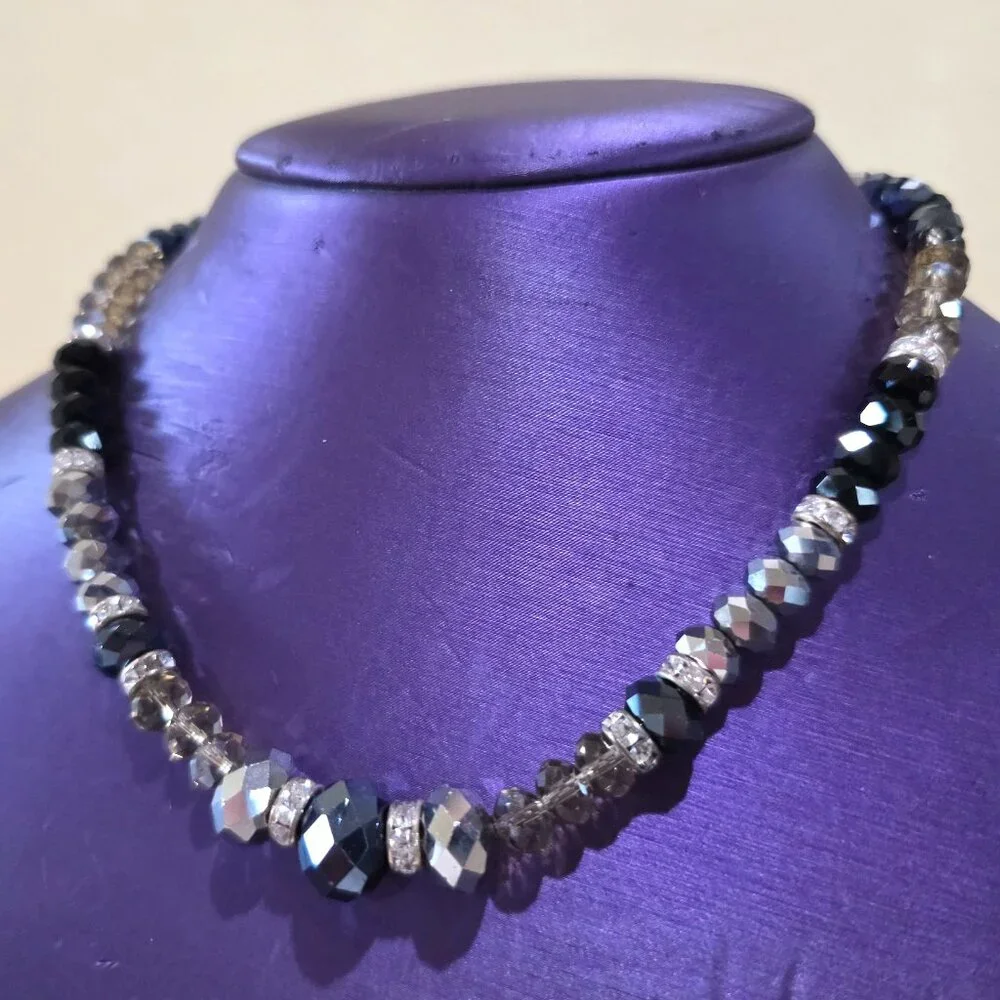 Vintage Black Gray Silver Monochrome Crystal Faceted Bead Rhinestone Necklace